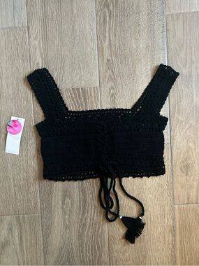 Black Crochet Tie-Front Bikini Top NWT